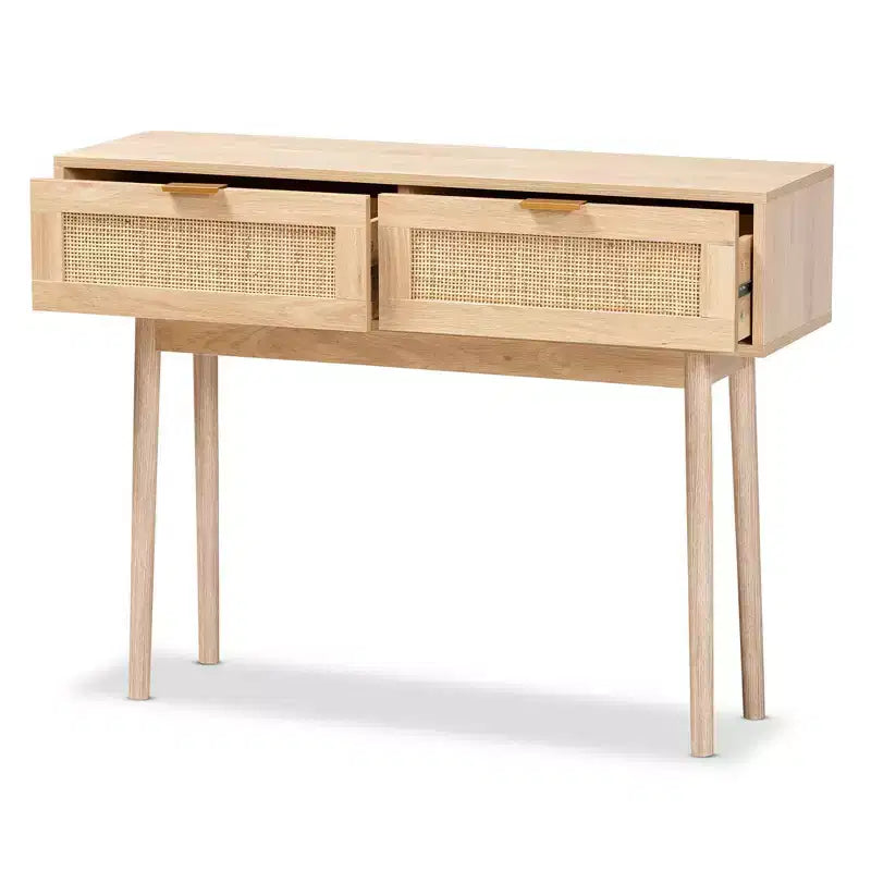Baird Wood et Rotin Console 2 Tiroirs Marron - Baxton Studio : Poignées Dorées, Style Bohème
