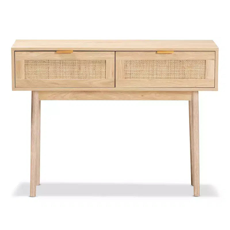 Baird Wood et Rotin Console 2 Tiroirs Marron - Baxton Studio : Poignées Dorées, Style Bohème