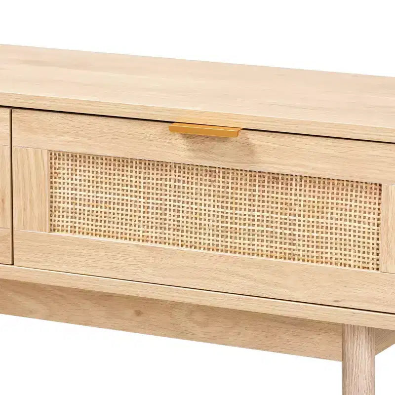 Baird Wood et Rotin Console 2 Tiroirs Marron - Baxton Studio : Poignées Dorées, Style Bohème