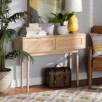 Baird Wood et Rotin Console 2 Tiroirs Marron - Baxton Studio : Poignées Dorées, Style Bohème