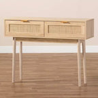 Baird Wood et Rotin Console 2 Tiroirs Marron - Baxton Studio : Poignées Dorées, Style Bohème