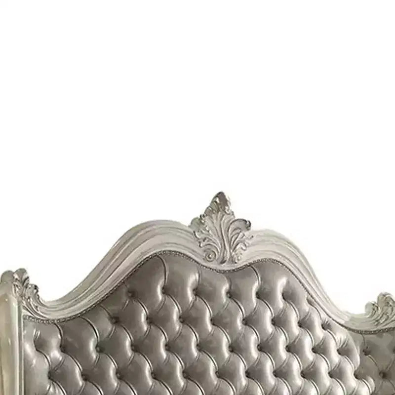 Lit Queen Size 95" Versailles en cuir synthétique gris vintage et finition blanc cassé - Acme Furniture