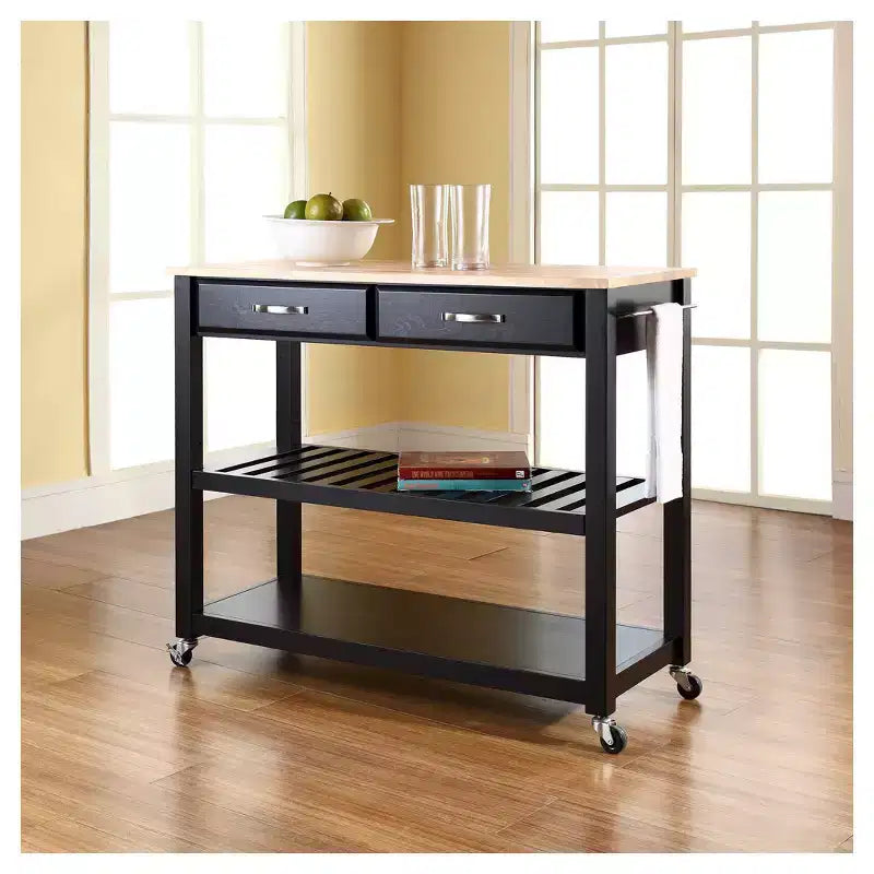 Chariot/Îlot de Cuisine à Plateau en Bois Naturel avec Rangement pour Tabourets en Option - Crosley