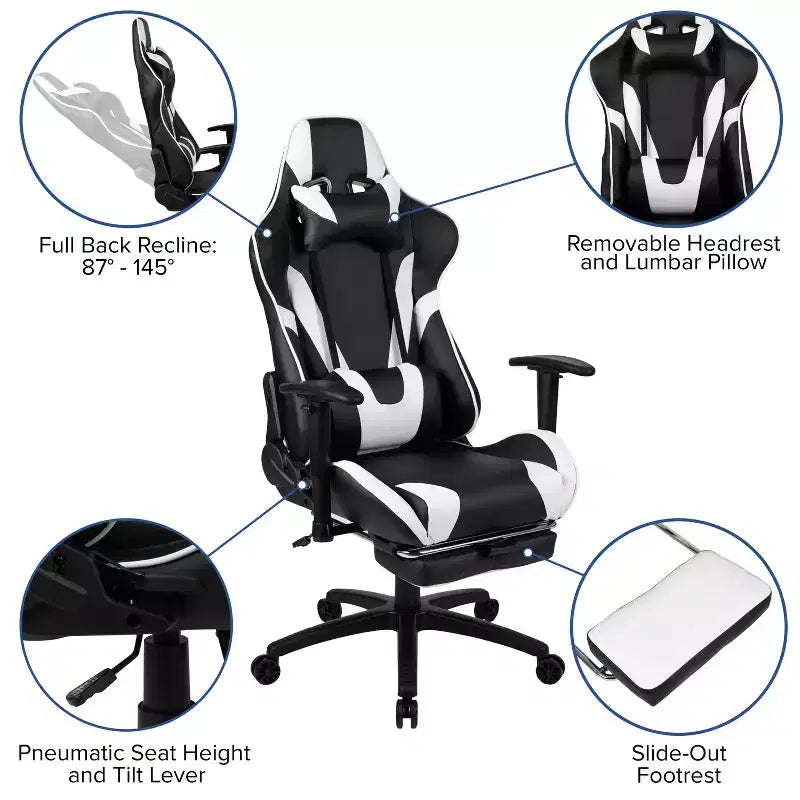Chaise de jeu Flash Furniture X30 Chaise de bureau ergonomique de course avec dossier entièrement inclinable et repose-pieds coulissant en cuir souple rouge