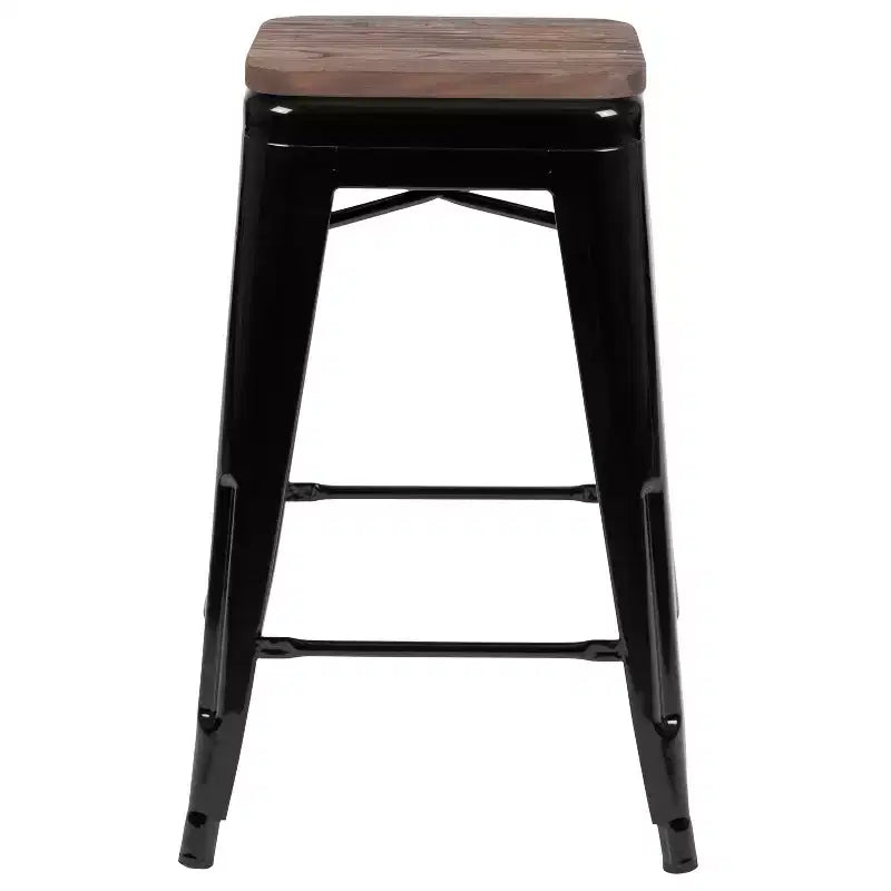 Flash Furniture Tabouret de bar d'intérieur en métal de 61 cm de haut avec assise en bois – Lot de 4 empilables