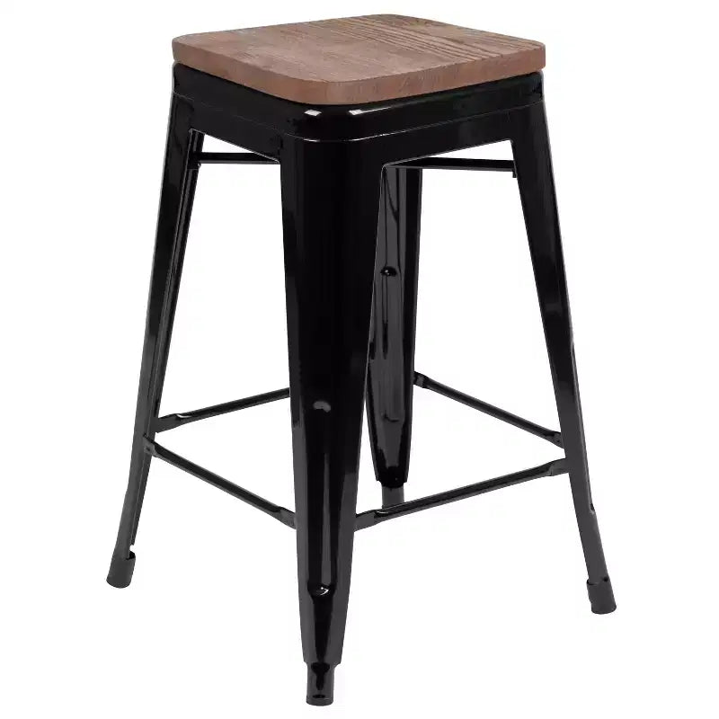 Flash Furniture Tabouret de bar d'intérieur en métal de 61 cm de haut avec assise en bois – Lot de 4 empilables
