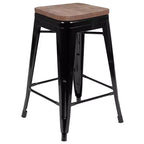 Flash Furniture Tabouret de bar d'intérieur en métal de 61 cm de haut avec assise en bois – Lot de 4 empilables