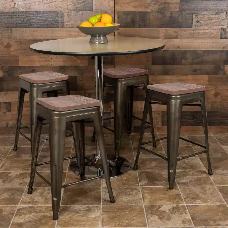 Flash Furniture Tabouret de bar d'intérieur en métal de 61 cm de haut avec assise en bois – Lot de 4 empilables