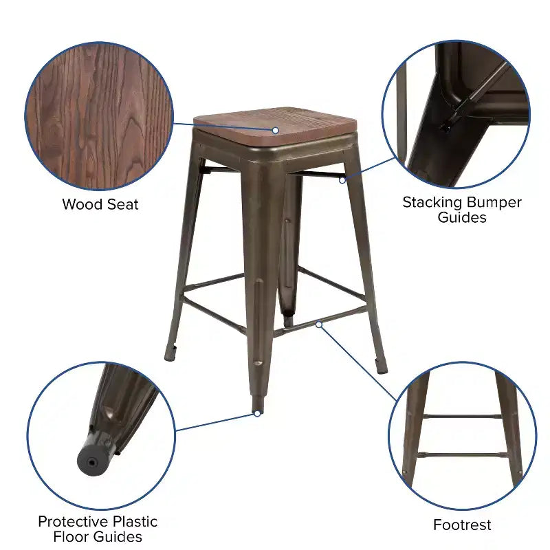 Flash Furniture Tabouret de bar d'intérieur en métal de 61 cm de haut avec assise en bois – Lot de 4 empilables