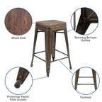 Flash Furniture Tabouret de bar d'intérieur en métal de 61 cm de haut avec assise en bois – Lot de 4 empilables