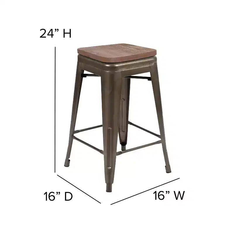 Flash Furniture Tabouret de bar d'intérieur en métal de 61 cm de haut avec assise en bois – Lot de 4 empilables