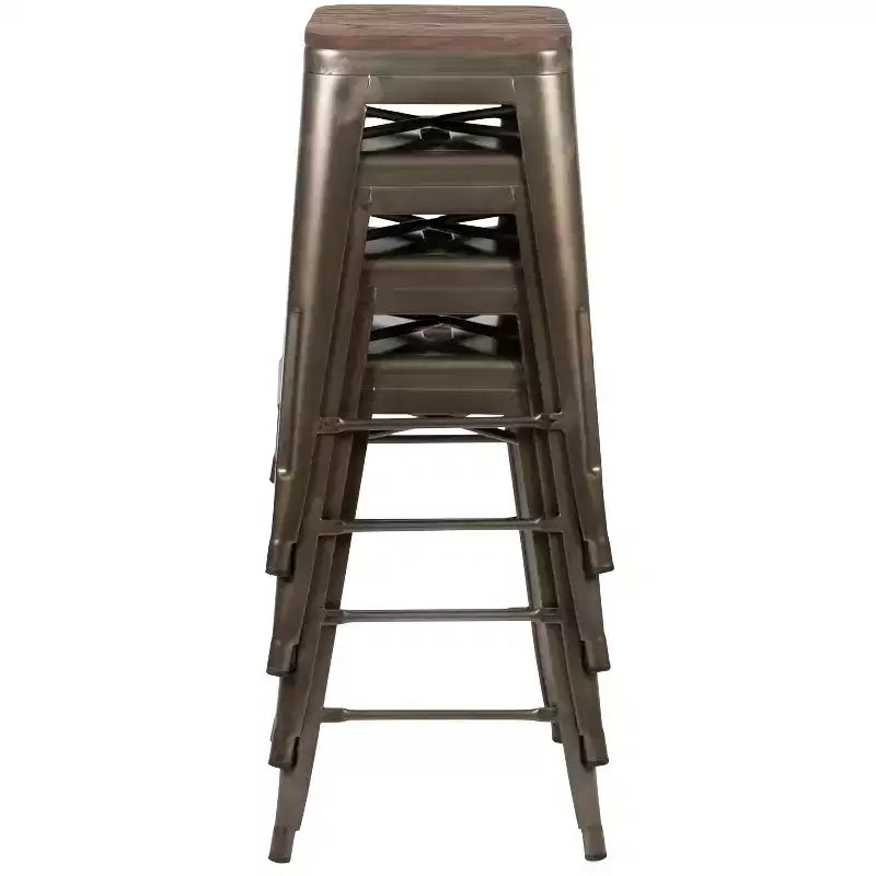 Flash Furniture Tabouret de bar d'intérieur en métal de 61 cm de haut avec assise en bois – Lot de 4 empilables
