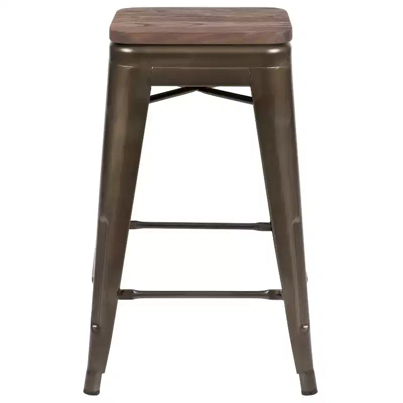 Flash Furniture Tabouret de bar d'intérieur en métal de 61 cm de haut avec assise en bois – Lot de 4 empilables