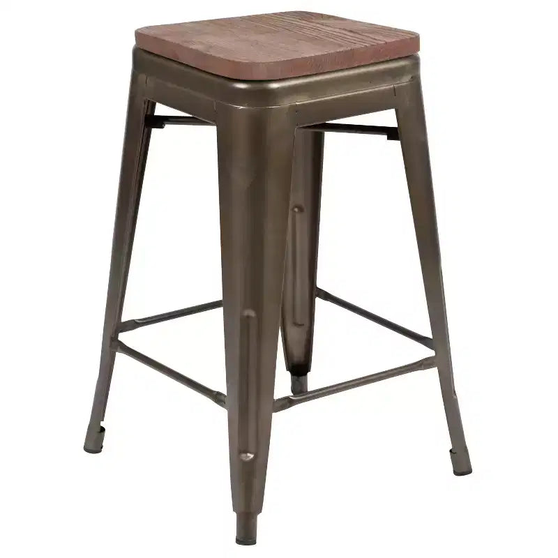 Flash Furniture Tabouret de bar d'intérieur en métal de 61 cm de haut avec assise en bois – Lot de 4 empilables