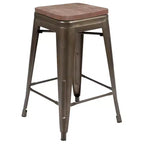 Flash Furniture Tabouret de bar d'intérieur en métal de 61 cm de haut avec assise en bois – Lot de 4 empilables