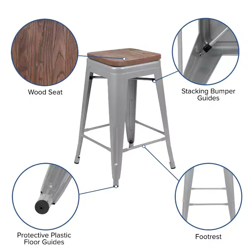 Flash Furniture Tabouret de bar d'intérieur en métal de 61 cm de haut avec assise en bois – Lot de 4 empilables