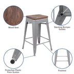 Flash Furniture Tabouret de bar d'intérieur en métal de 61 cm de haut avec assise en bois – Lot de 4 empilables