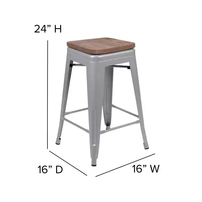 Flash Furniture Tabouret de bar d'intérieur en métal de 61 cm de haut avec assise en bois – Lot de 4 empilables