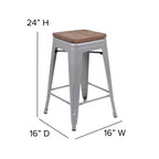 Flash Furniture Tabouret de bar d'intérieur en métal de 61 cm de haut avec assise en bois – Lot de 4 empilables