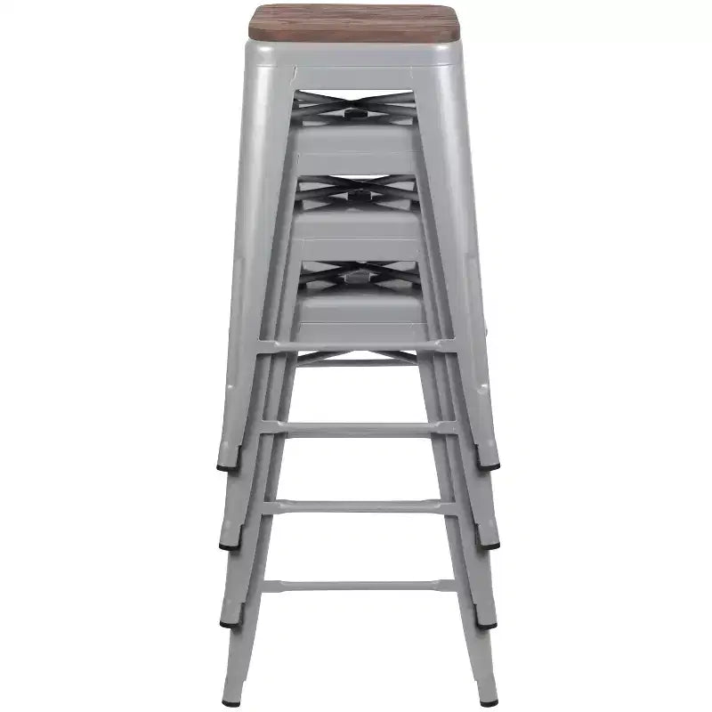 Flash Furniture Tabouret de bar d'intérieur en métal de 61 cm de haut avec assise en bois – Lot de 4 empilables