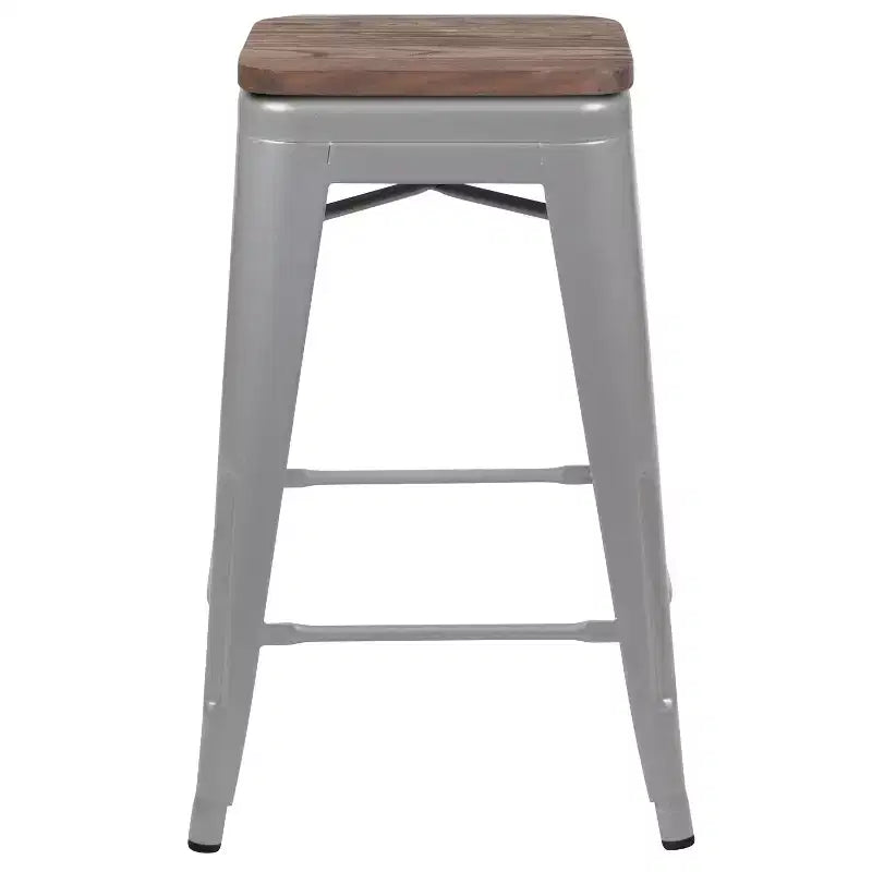Flash Furniture Tabouret de bar d'intérieur en métal de 61 cm de haut avec assise en bois – Lot de 4 empilables