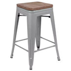 Flash Furniture Tabouret de bar d'intérieur en métal de 61 cm de haut avec assise en bois – Lot de 4 empilables
