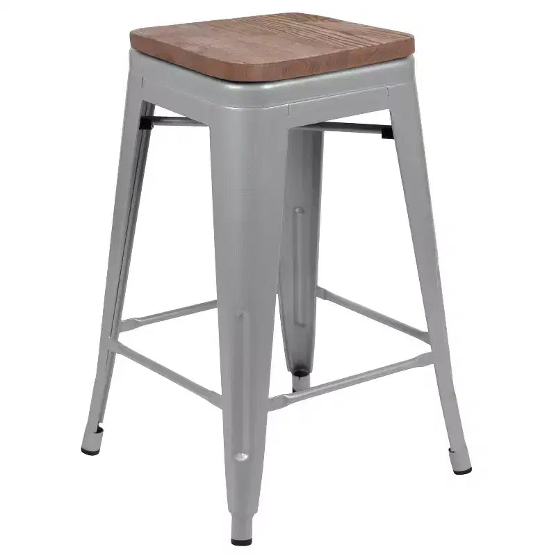 Flash Furniture Tabouret de bar d'intérieur en métal de 61 cm de haut avec assise en bois – Lot de 4 empilables