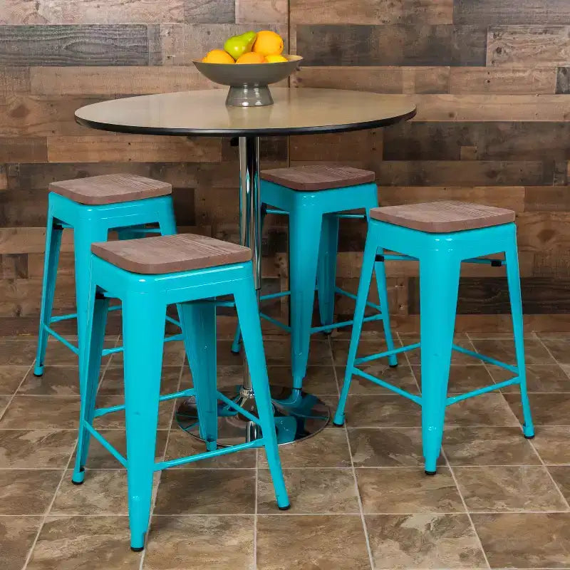 Flash Furniture Tabouret de bar d'intérieur en métal de 61 cm de haut avec assise en bois – Lot de 4 empilables