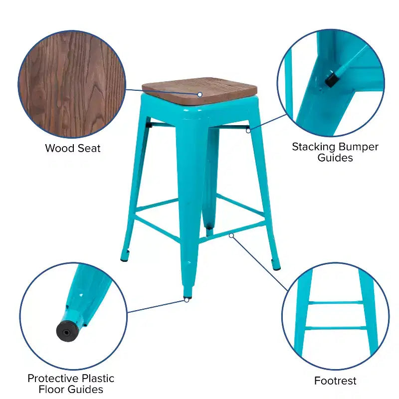 Flash Furniture Tabouret de bar d'intérieur en métal de 61 cm de haut avec assise en bois – Lot de 4 empilables
