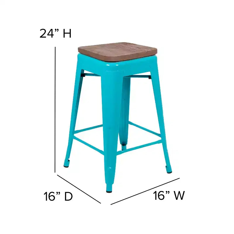 Flash Furniture Tabouret de bar d'intérieur en métal de 61 cm de haut avec assise en bois – Lot de 4 empilables
