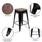 Flash Furniture Tabouret de bar d'intérieur en métal de 61 cm de haut avec assise en bois – Lot de 4 empilables
