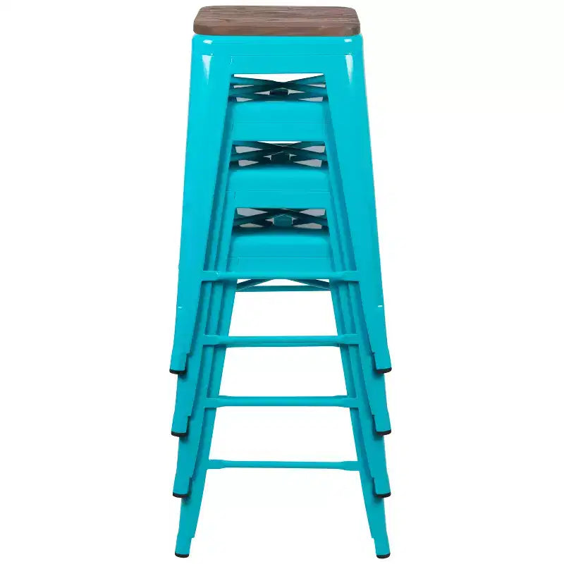 Flash Furniture Tabouret de bar d'intérieur en métal de 61 cm de haut avec assise en bois – Lot de 4 empilables