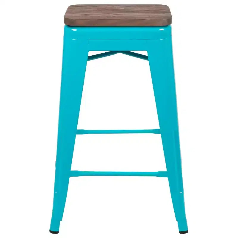Flash Furniture Tabouret de bar d'intérieur en métal de 61 cm de haut avec assise en bois – Lot de 4 empilables