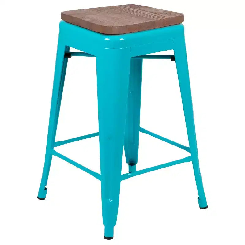 Flash Furniture Tabouret de bar d'intérieur en métal de 61 cm de haut avec assise en bois – Lot de 4 empilables