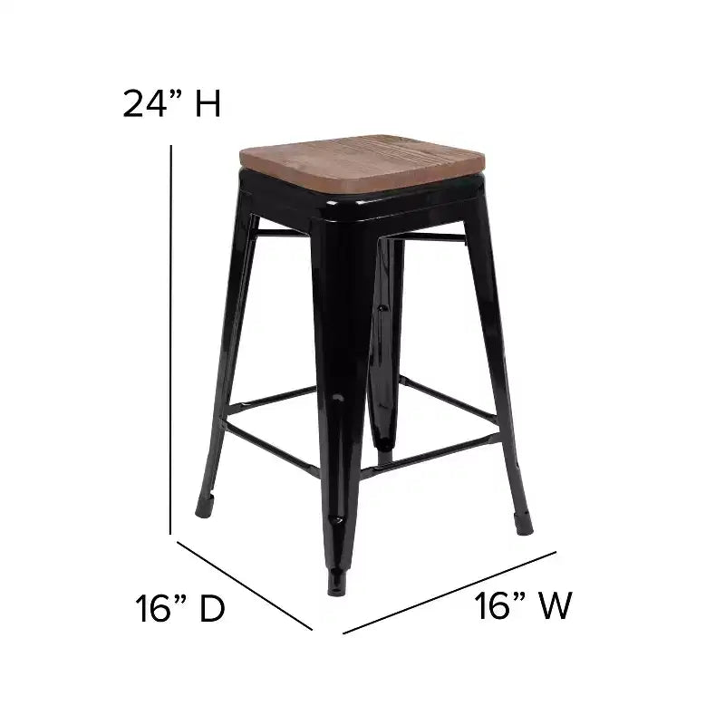 Flash Furniture Tabouret de bar d'intérieur en métal de 61 cm de haut avec assise en bois – Lot de 4 empilables