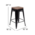 Flash Furniture Tabouret de bar d'intérieur en métal de 61 cm de haut avec assise en bois – Lot de 4 empilables