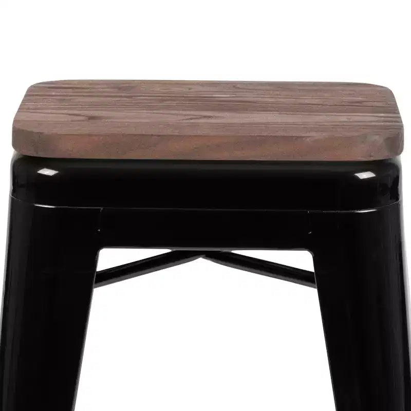 Flash Furniture Tabouret de bar d'intérieur en métal de 61 cm de haut avec assise en bois – Lot de 4 empilables