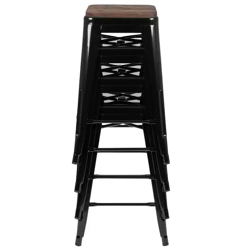 Flash Furniture Tabouret de bar d'intérieur en métal de 61 cm de haut avec assise en bois – Lot de 4 empilables