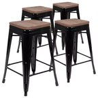 Flash Furniture Tabouret de bar d'intérieur en métal de 61 cm de haut avec assise en bois – Lot de 4 empilables