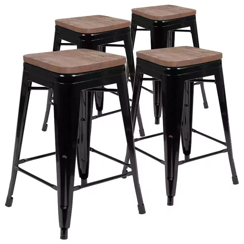 Flash Furniture Tabouret de bar d'intérieur en métal de 61 cm de haut avec assise en bois – Lot de 4 empilables