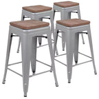 Flash Furniture Tabouret de bar d'intérieur en métal de 61 cm de haut avec assise en bois – Lot de 4 empilables