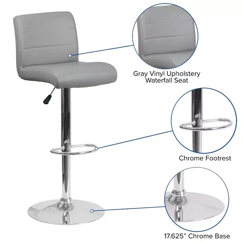 Tabouret de bar contemporain Flash Furniture en vinyle réglable en hauteur avec assise roulée et base chromée