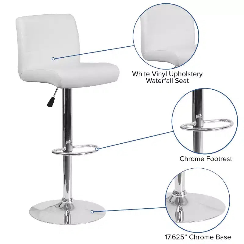 Tabouret de bar contemporain Flash Furniture en vinyle réglable en hauteur avec assise roulée et base chromée