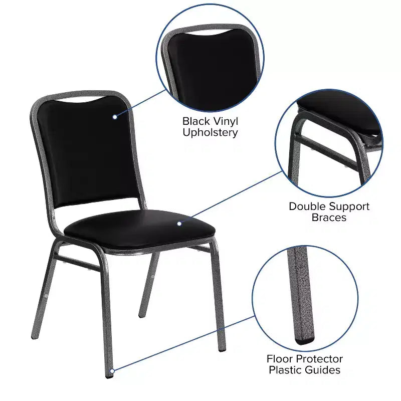 Chaise de banquet empilable Flash Furniture série HERCULES en vinyle noir - Cadre veiné argenté