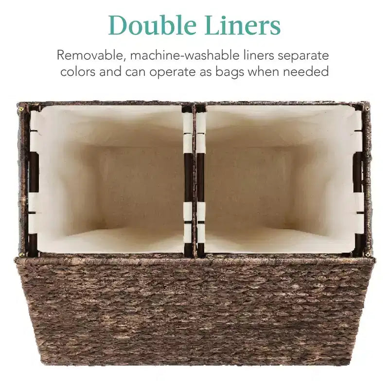 Best Choice Products Grand panier à linge double en jacinthe d'eau naturelle avec 2 sacs de doublure, poignées