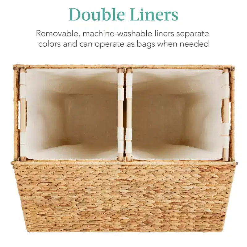 Best Choice Products Grand panier à linge double en jacinthe d'eau naturelle avec 2 sacs de doublure, poignées