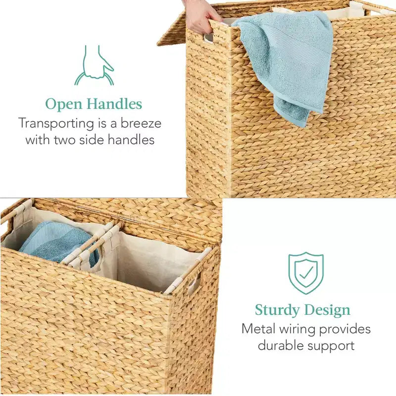 Best Choice Products Grand panier à linge double en jacinthe d'eau naturelle avec 2 sacs de doublure, poignées