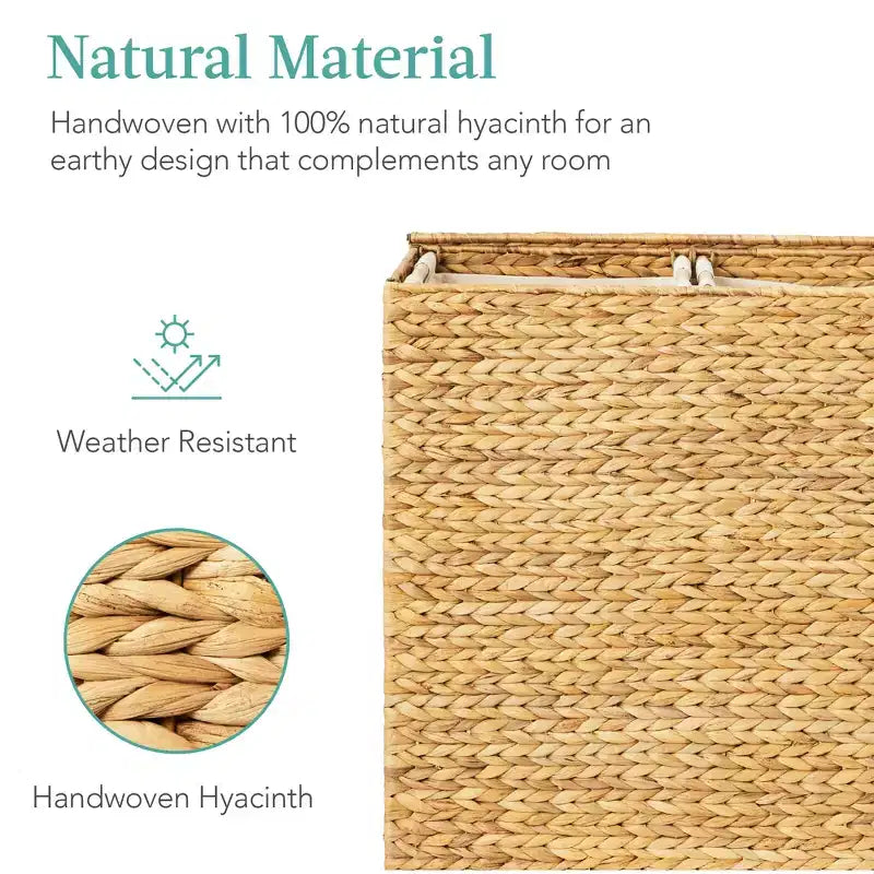 Best Choice Products Grand panier à linge double en jacinthe d'eau naturelle avec 2 sacs de doublure, poignées