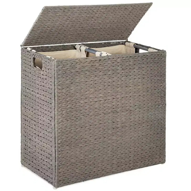 Best Choice Products Grand panier à linge double en jacinthe d'eau naturelle avec 2 sacs de doublure, poignées