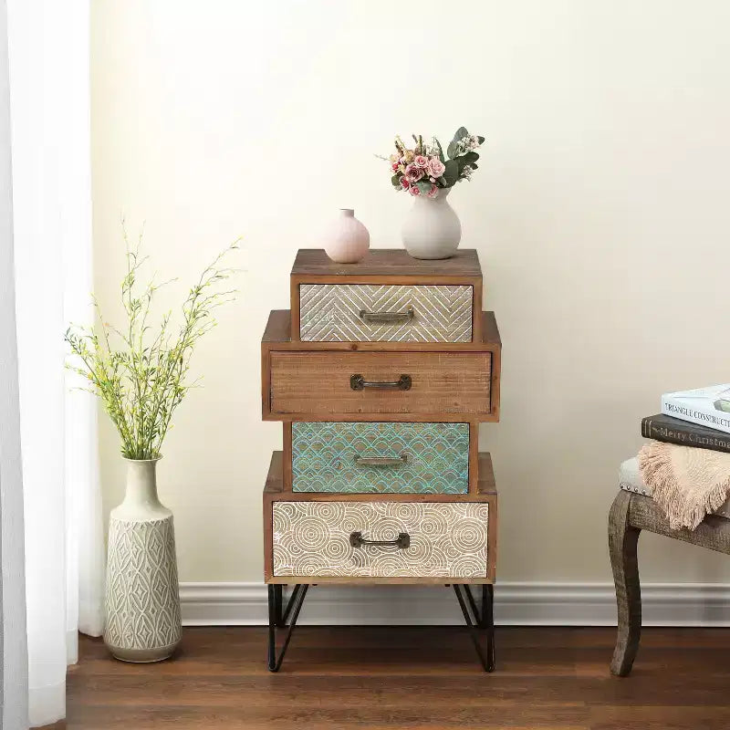 LuxenHome Commode d'appoint en bois à 4 tiroirs H 33 x L 18,9. Brun